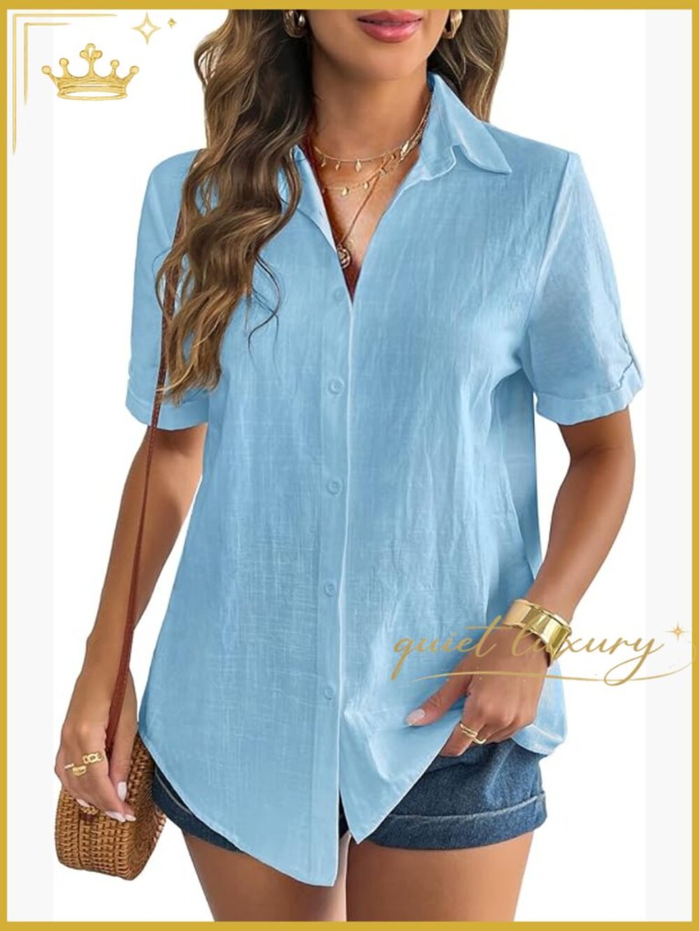 Women Linen Button Down Shirt Short Sleeve Blouse Summer Casual V Neck Beach